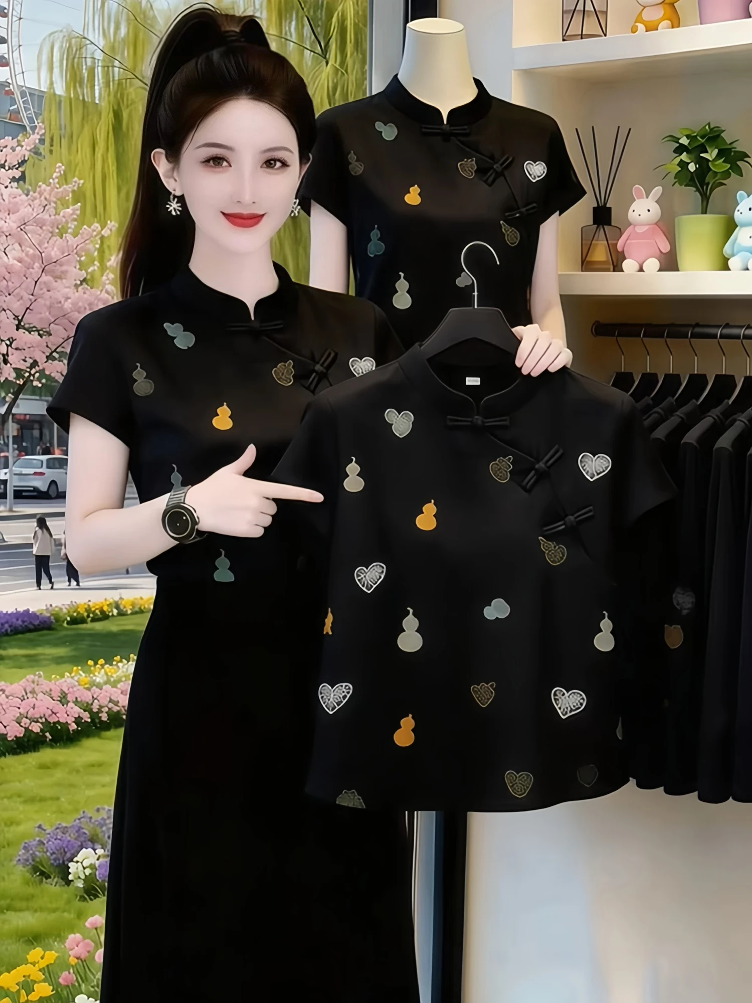 Elegant Slimming Short Sleeve Shirt Women's New Summer Chinese Style Button Embroidery Waist Cinched Small Top Casual Fashion