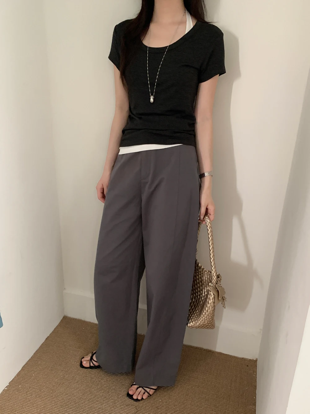

4Colors SML High Waist Wide Leg Pants Casual Slimming Versatile Solid Color Korean Style High Waist Trousers (XY3815
