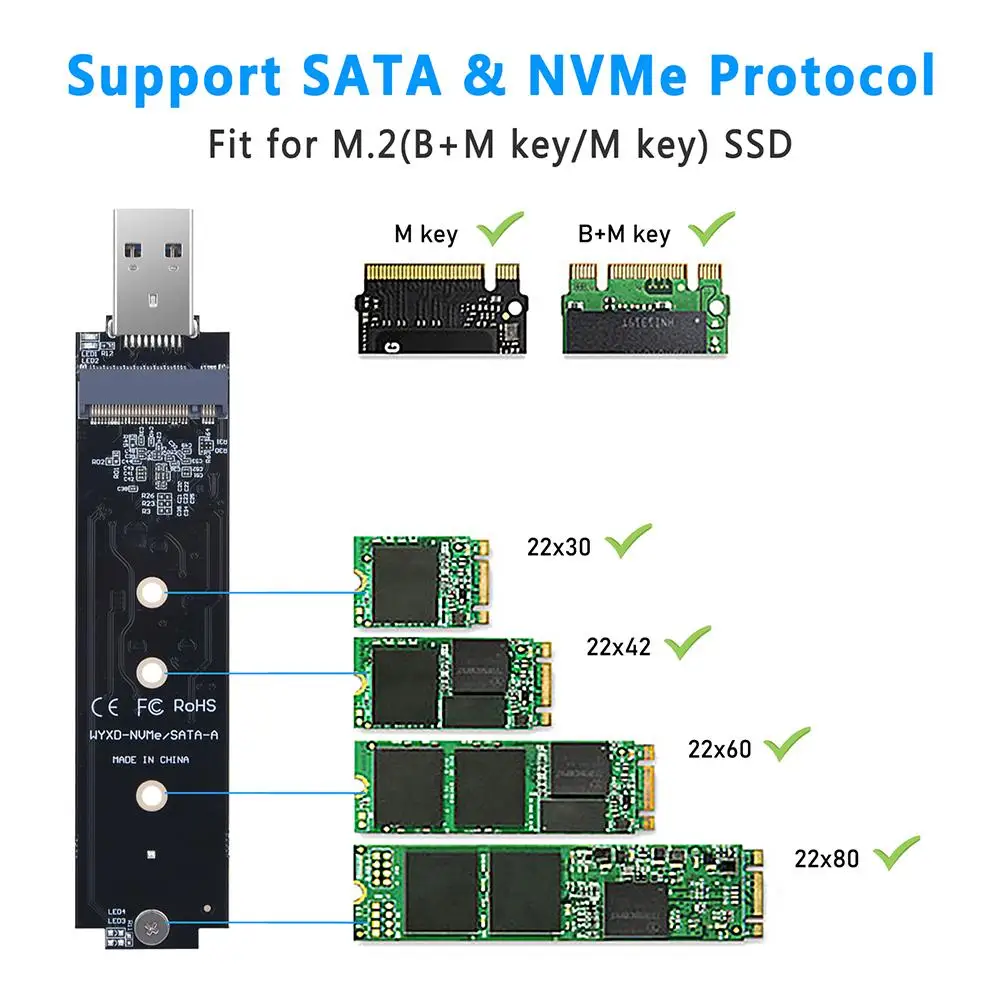 M.2 NVMe NGFF To USB Adapter Dual Protocol NVMe SATA M2 SSD Board USB3.1 Type-A Supports NVMe SATA Protocols 22x30, 22x42, 22x60