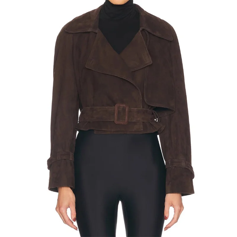 

Women's jacket New autumn 2025 waist belt slim fit lapel long sleeved top Imitation suede windproof women's coat y2k outerwears