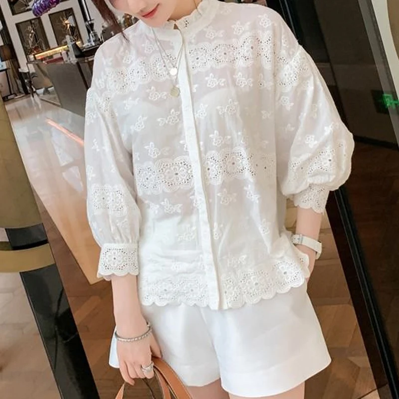 Spring Solid Color Cotton Shirt French Style Embroidered Edible Tree Fungus Single Breasted Cardigan Round Neck Puff Sleeve Tops