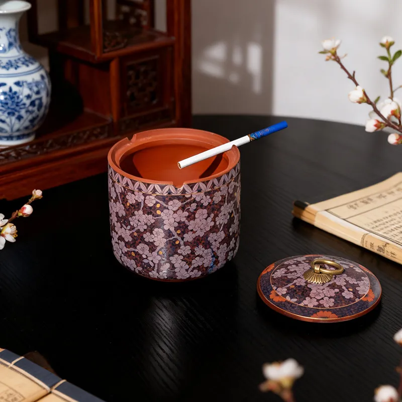 Purple Clay Patterned Ashtray with Lid Creative Ceramic Plum Blossom Decorative Candy and Snack Jar Room and Office Ashtray Gift
