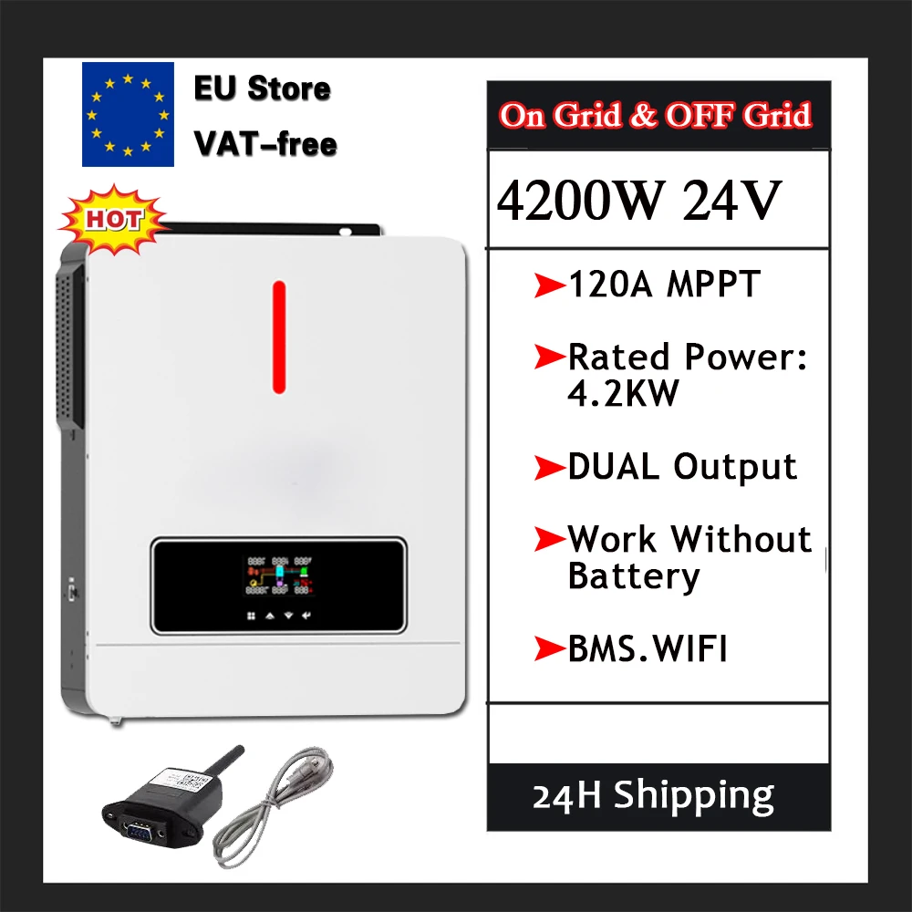 4.2KW 24V Hybrid Solar Inverter, Pure Sine Wave, 120A MPPT, 220V Off-Grid, Built-in WiFi BMS, 60-450V DC PV Input