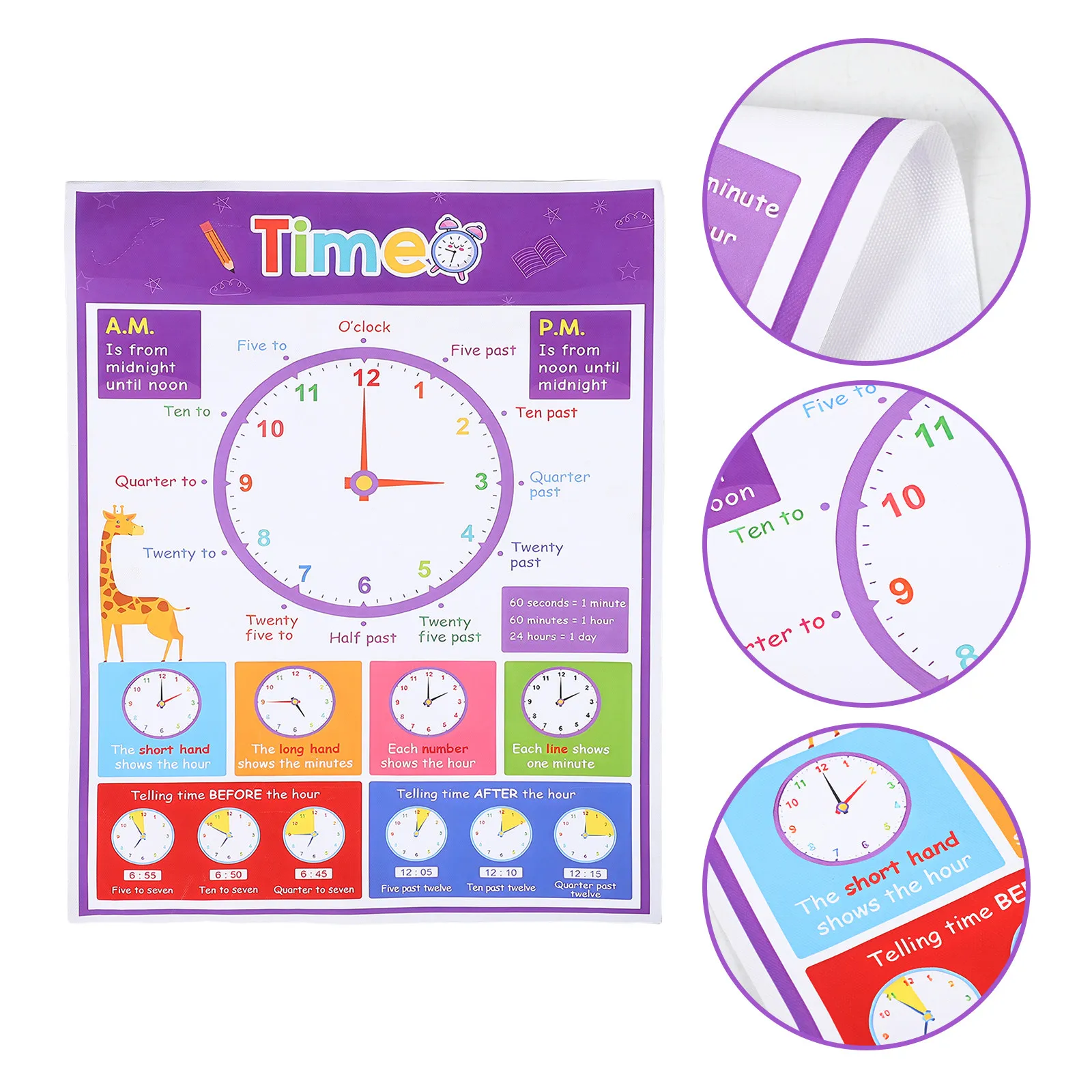 Time Telling Wall Chart 40x50cm Colorful Analogue Clock Poster for Home Education Primary School Time Concepts Learning Aid