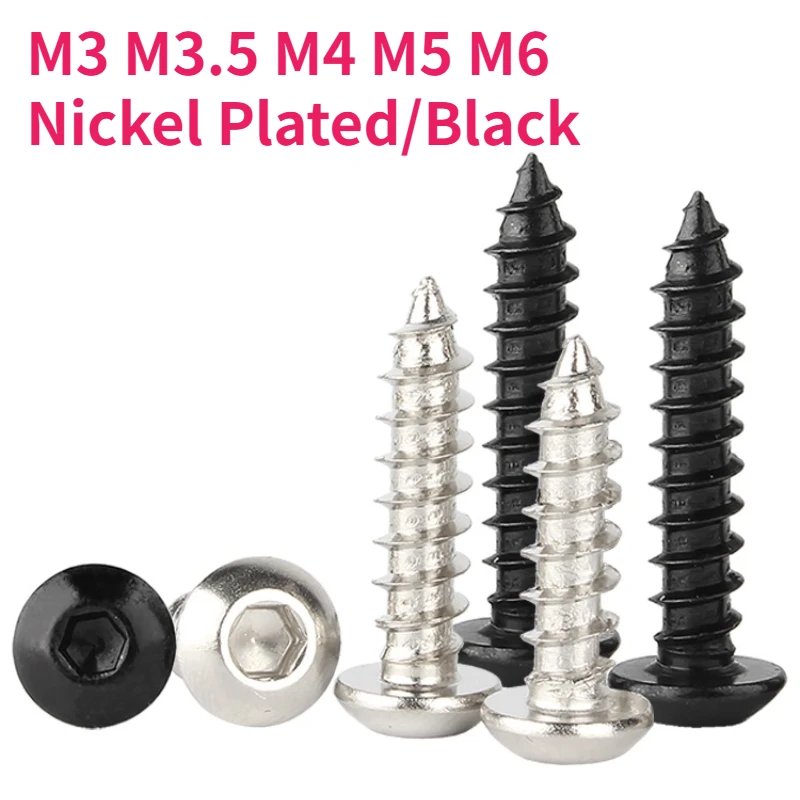 M3 M3.5 M4 M5 M6 الصف 8.8 أسود/نيكل مطلي الكربون الصلب زر مستدير عرافة المقبس برغي حافر ذاتيًا مسامير خشب ألين #1