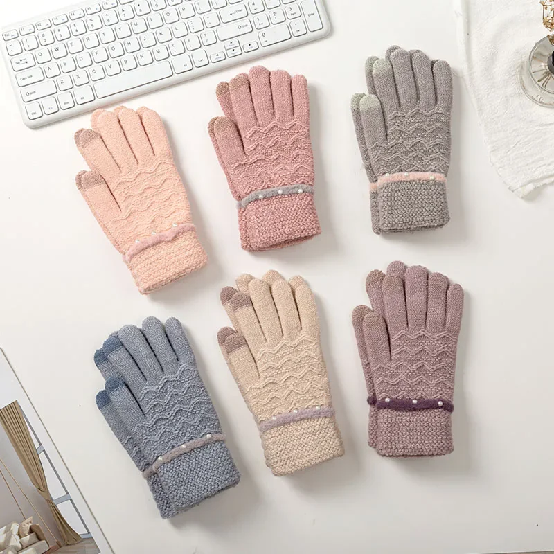 Guantes de punto gruesos y cálidos para mujer, manoplas de muñeca con dedos completos, decoración de perlas, pantalla táctil, invierno