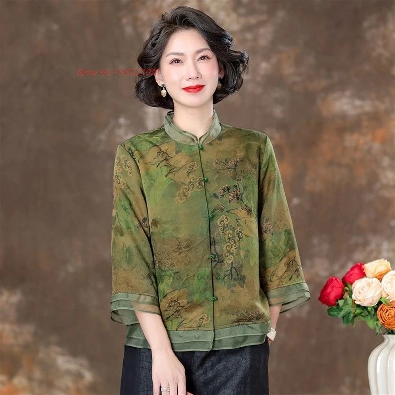 2024 traditional chinese hanfu blouse national flower print satin blouse vintage lace blouse oriental tang suit ethnic blouse