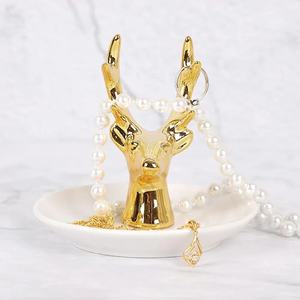 Nordic Ceramic Deer Head Jewelry Organizer Tray, Gold Ring Holder Display