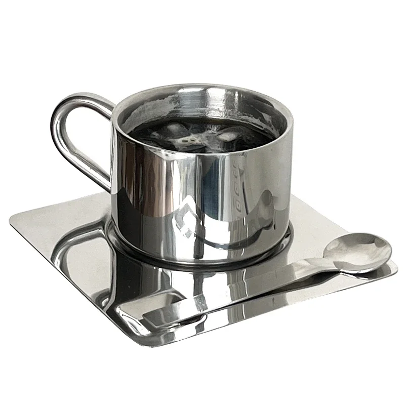 

Double-layer stainless steel coffee cup and saucer set with square bottom ins blogger's same industrial style commercial shop