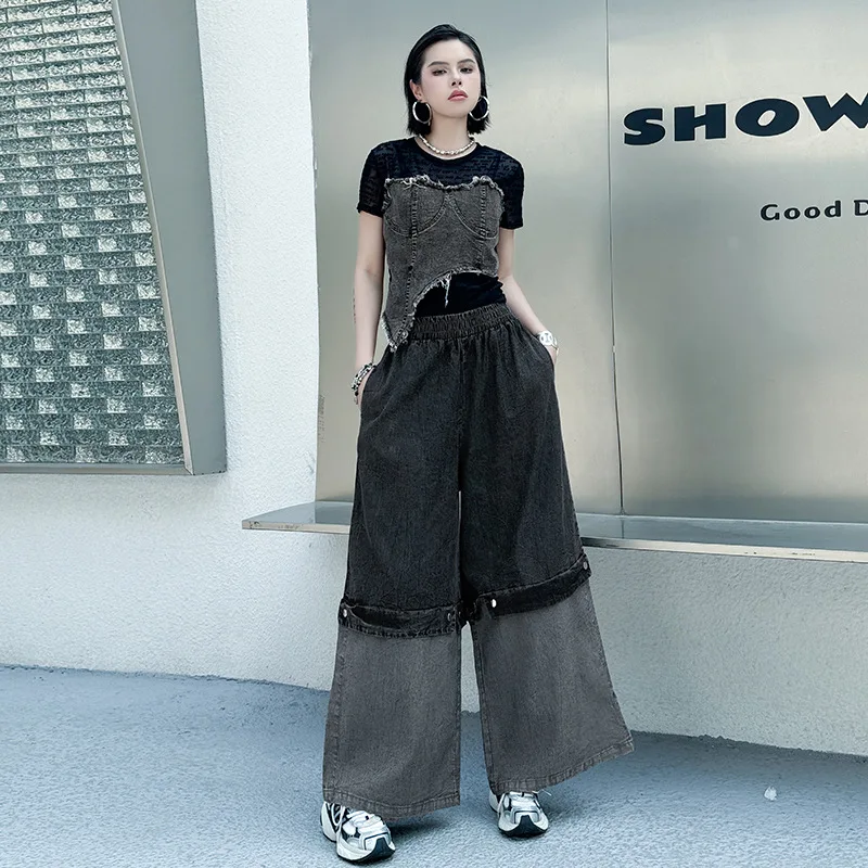 

Американские модные джинсовые брюки в стиле пэчворк с высокой талией, широкие брюки 2026, весеннее новое поступление, универсальные свободные повседневные брюки