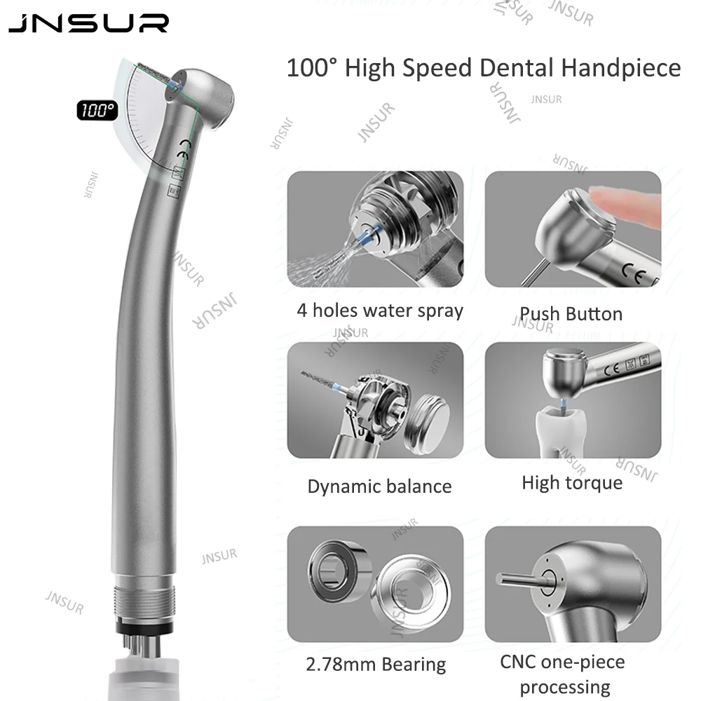 JNSUR 100° High Speed Handpiece Ultra Quiet Angle Air Turbine 4 Water Spray Torquimetro Stainless Steel Dental Supplies Dentist