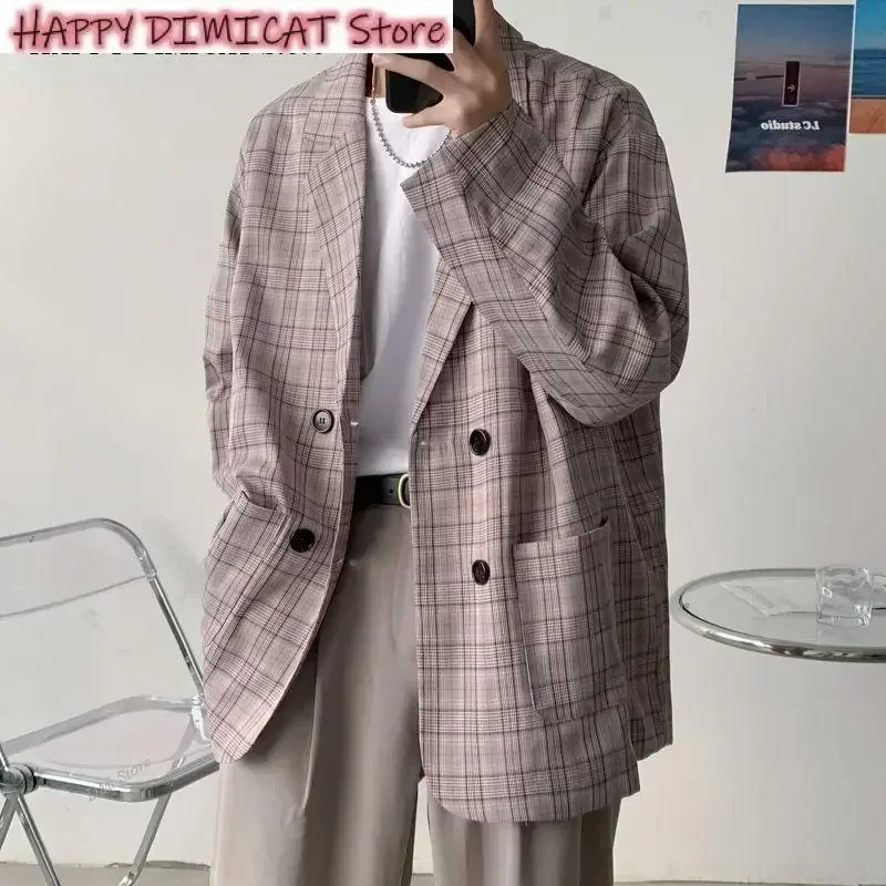 Veste vintage unisexe pour hommes, manteau de printemps, blazer basique, plaid coréen, décontracté, nouvelle mode