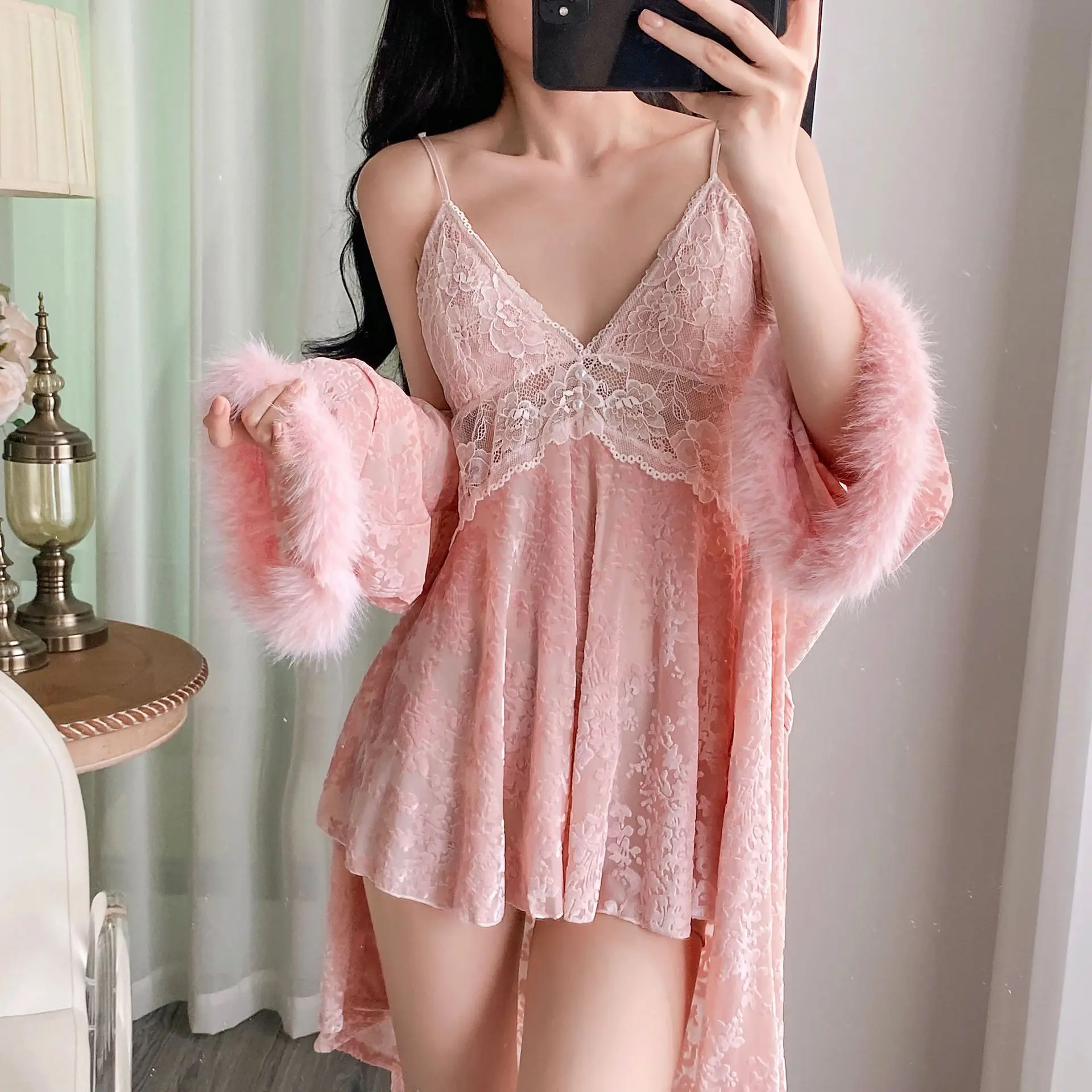 2-pezzi-pigiama-da-donna-in-velluto-caldo-abbigliamento-da-notte-autunno-inverno-camicia-da-notte-sexy-con-inserti-in-pizzo-vestaglia-lucida-completo-intimo-lingerie