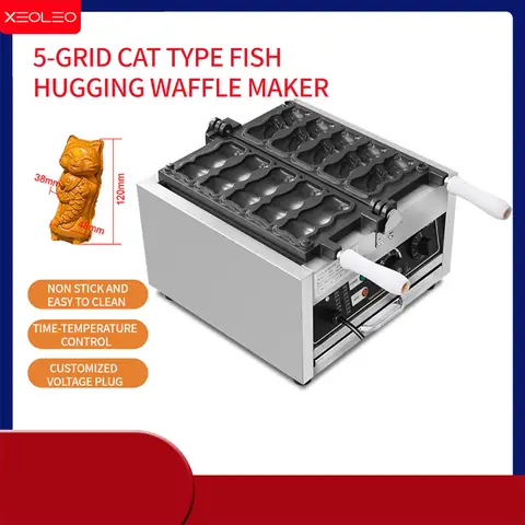 XEOLEO 전기 5PCS 고양이 잡는 물고기 타이야키 기계 3000W 고양이 포옹 물고기 모양의 와플 메이커 물고기 모양의 빵 와플 기계