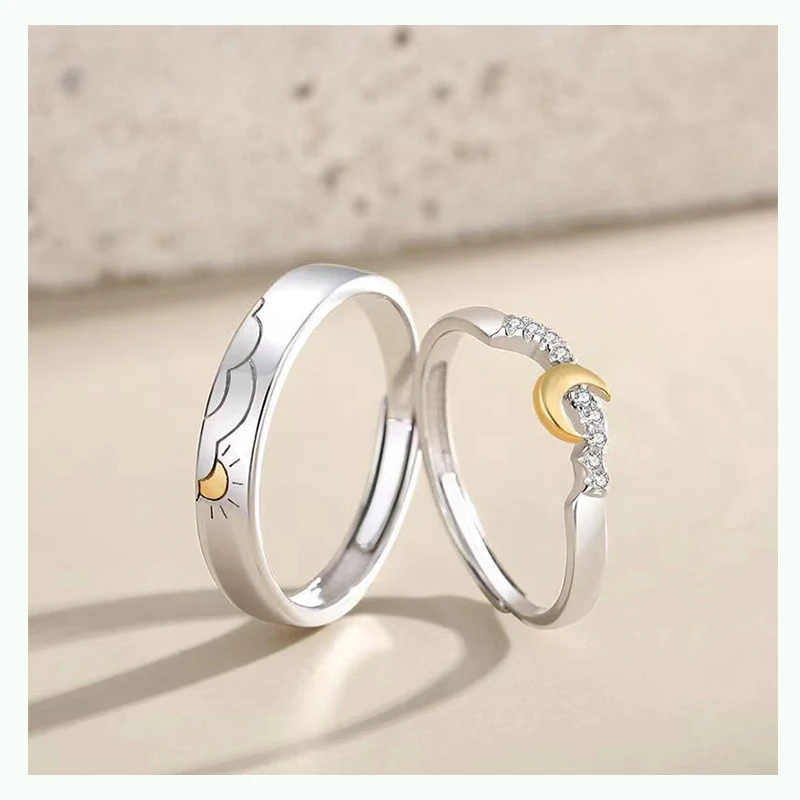 New Hot Sale Silver Color Personality Color Separation Sun Moon Couple Opening Ring Valentine's Day Love Jewelry Gift J942 #3