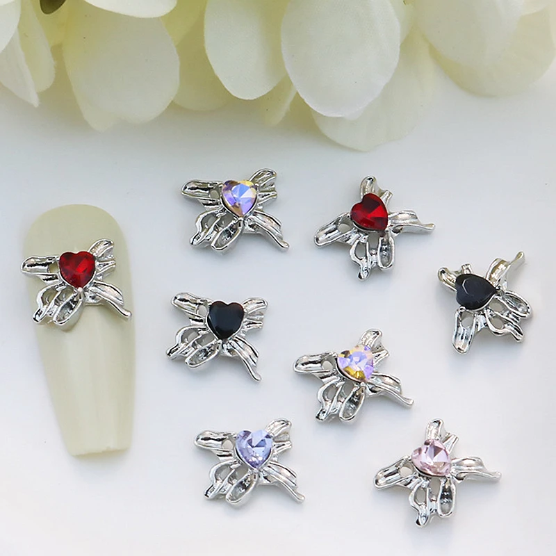 10PCS 3D Luxury Alloy Ribbon Bow Nail Charms With Heart Rhinestone Accessories Manicure Decor Nails Decoration Supplies Parts