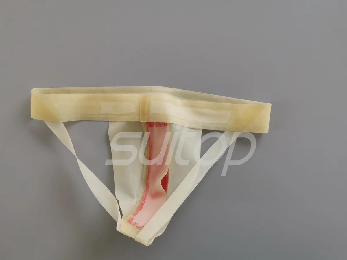 Men's latex jockstraps with front zip in transparent and red zip