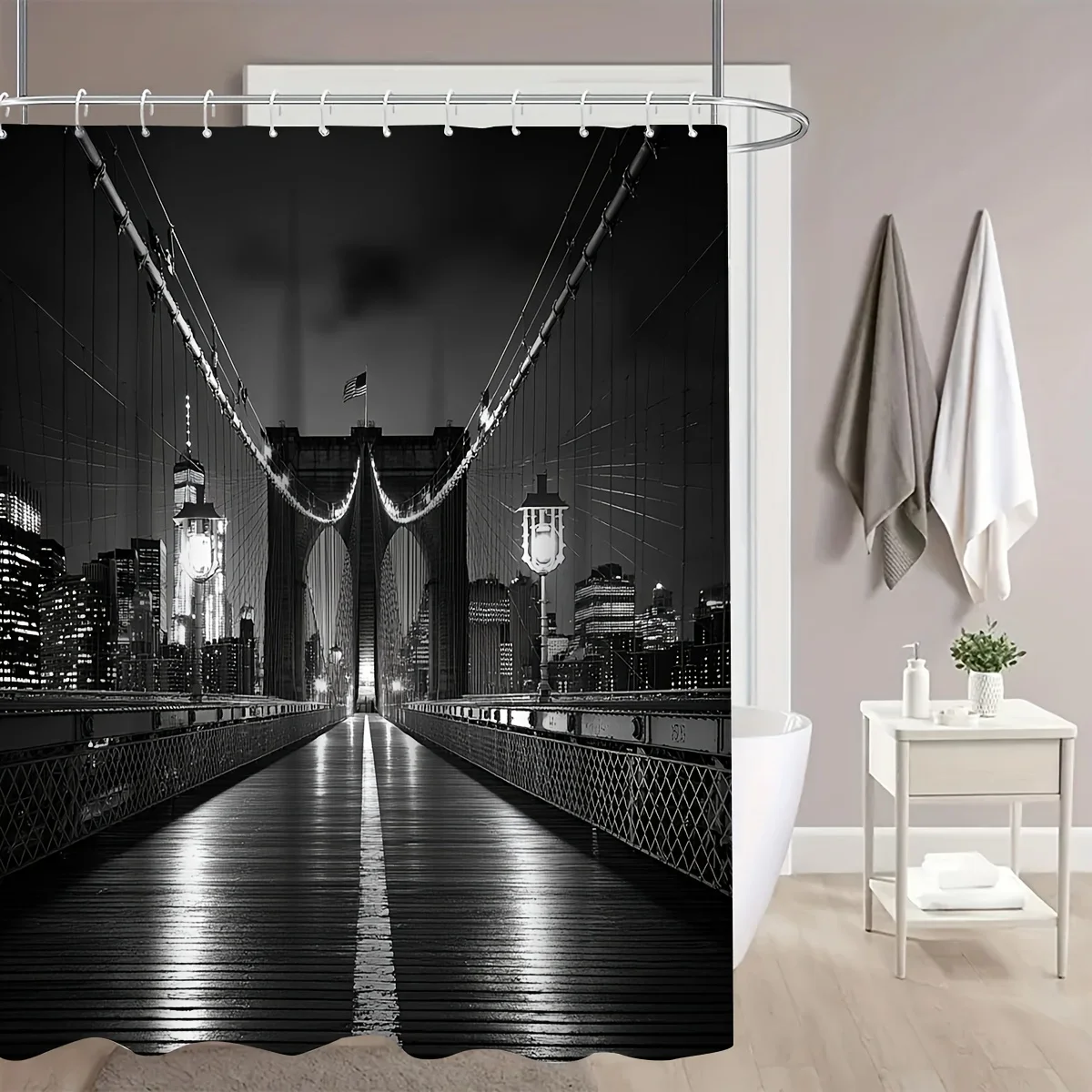 New York Brooklyn Bridge Night View Shower Curtain Machine Washable All Season Waterproof Privacy Protection Cityscape 12 hooks