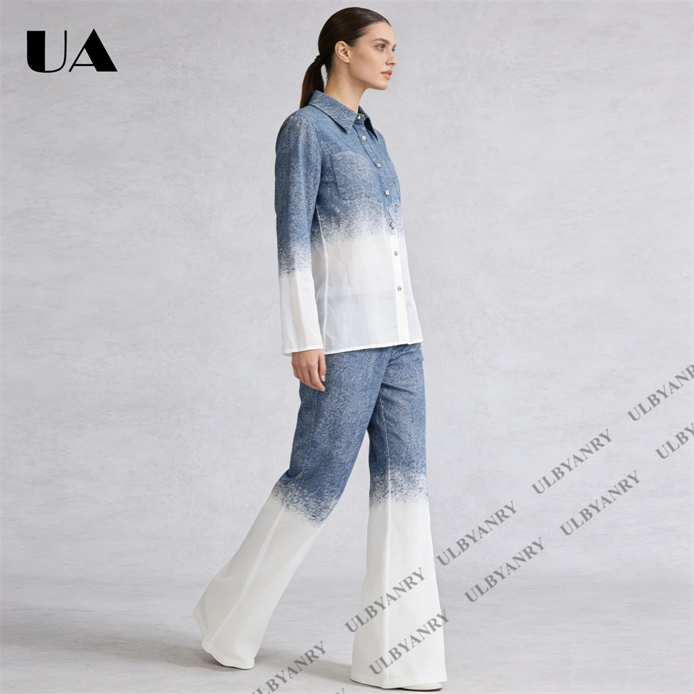 

Модный женский комплект из 2 предметов: уникальная сине-белая градиентная рубашка и расклешенные брюки для офиса и вечеринок, повседневный уличный стиль