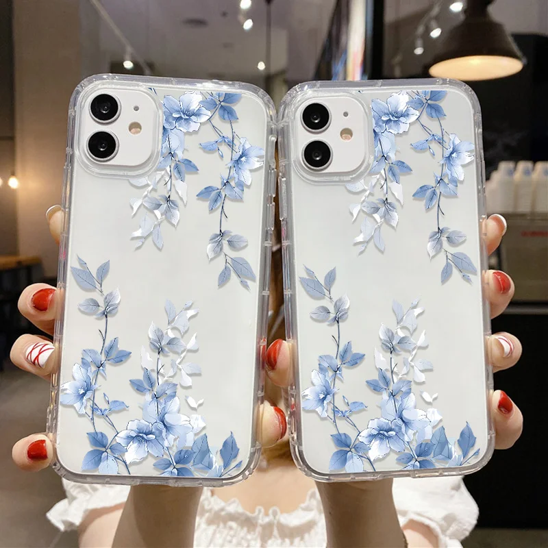 Blue Flower Transparent Phone Case For iPhone 15 Pro Max 17 Air 17 Pro 14 iPhone 16 12 13 11 Silicone Shockproof Funda Cover