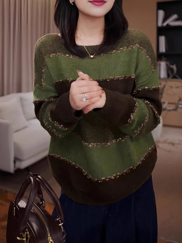 เสื้อไหมพรมทรงหลวม คอกลม ลายทาง สไตล์วินเทจ สำหรับผู้หญิง ไซส์ใหญ่ รุ่นใหม่ ฤดูใบไม้ร่วง ทรงเข้ารูป