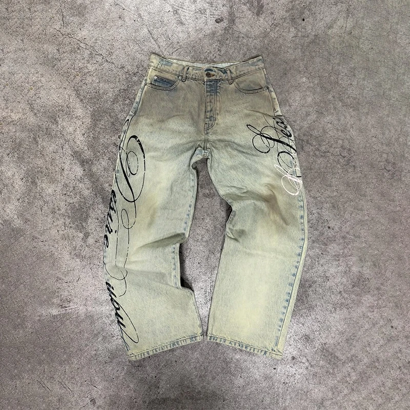 Calças Jeans Casuais Largas Y2K com Estampa Gráfica de Letras, Jeans Versáteis de Cintura Alta, Moda Hip Hop para Homens e Mulheres, Streetwear Vintag