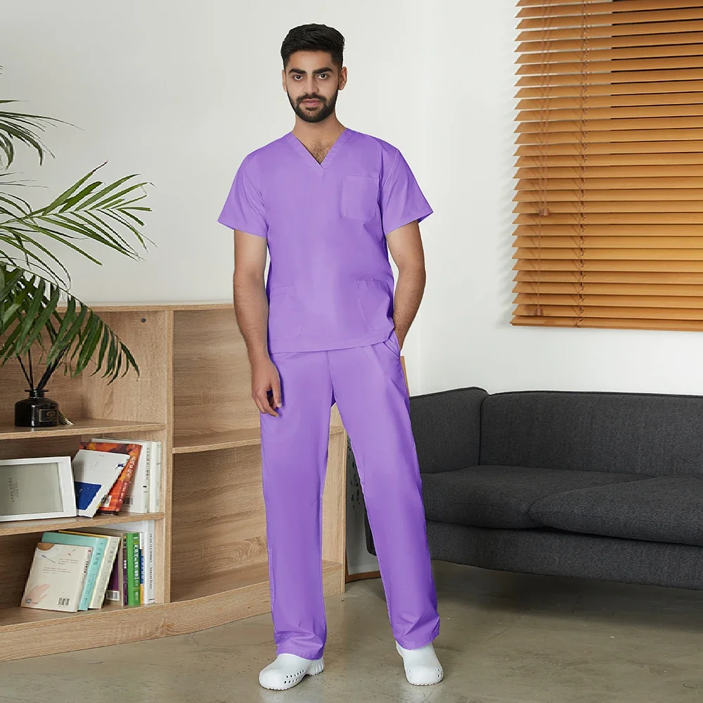 Conjunto de uniforme médico de cor sólida masculino atacado clínica hospital médico macacão com decote em v moda esfrega roupas de enfermeira de farmácia