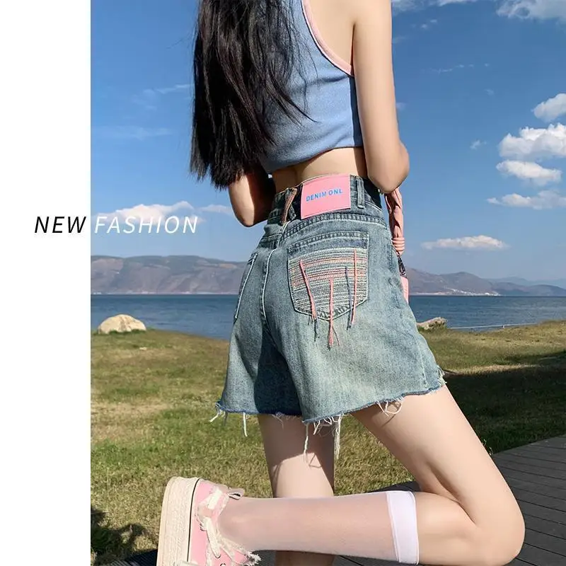 

Women Summer Fashion Temperament Solid Color High Waist Denim Shorts Women Clothes Fashionable All-match Appear Thin Wide Leg