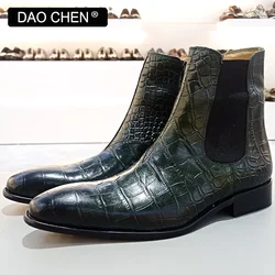 LUXURY BRAND MEN'S BOOTS GREEN BLACK CROCODILE PRINT ANKLE BOOTS CASUAL MEN DRESS SHOES WEDDING OFFICE LEATHER BOOTS MEN