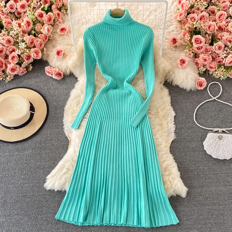 Women Chic Turtleneck Long Sleeve Sexy A-line Sweater Dress Vintage Korean Fashion Knit Vestido Elegant Autumn Winter Knitwear