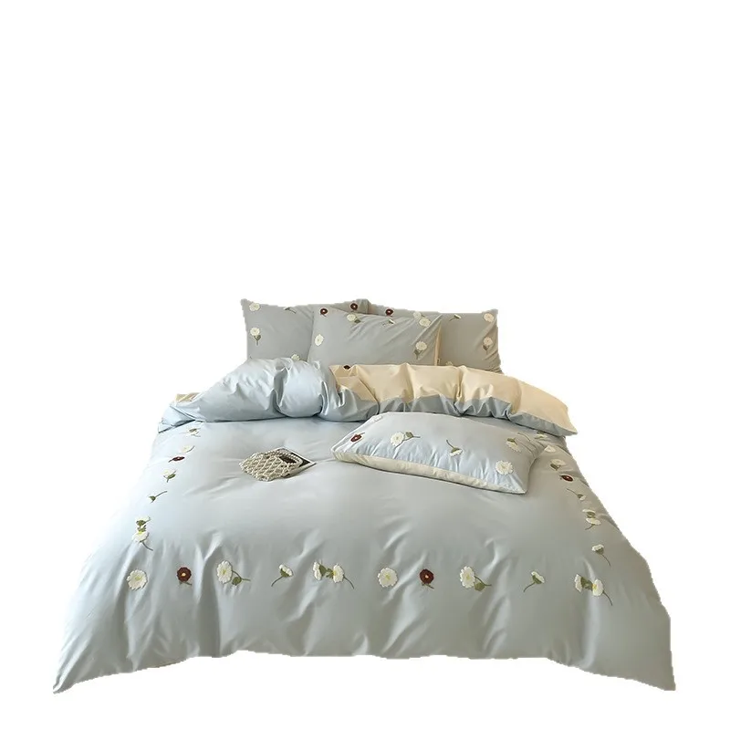 

Xinjiang long-staple cotton, four-piece set on the bed, 100% cotton, small fresh, satin, embroidery.