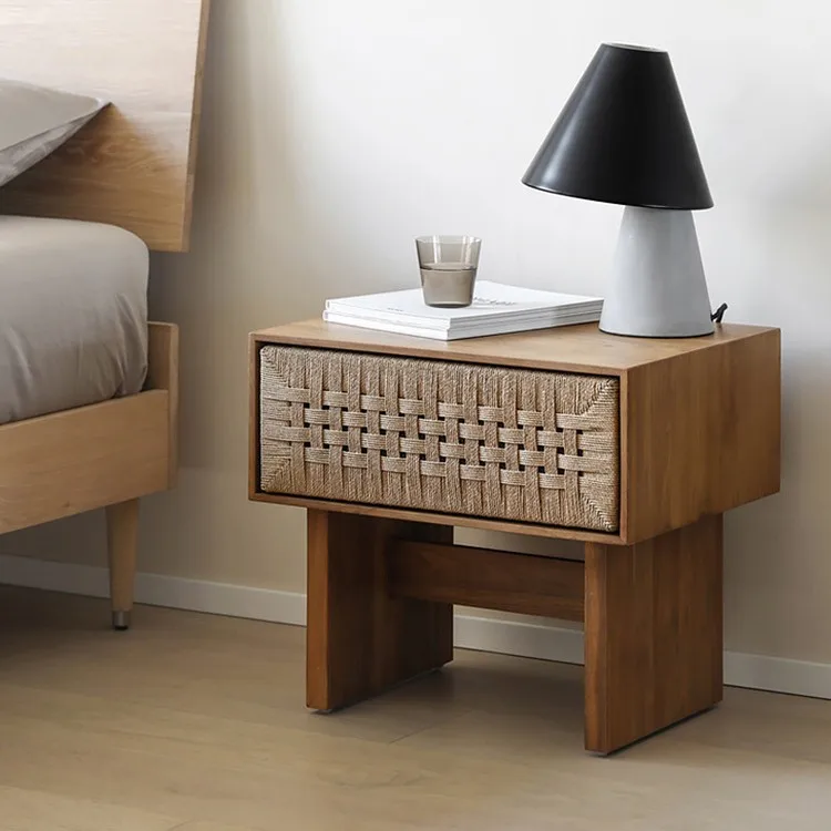 Rattan rope woven log bedside table Nordic oak black walnut bedside table wabi sandy wind pure solid wood retro wind edge few