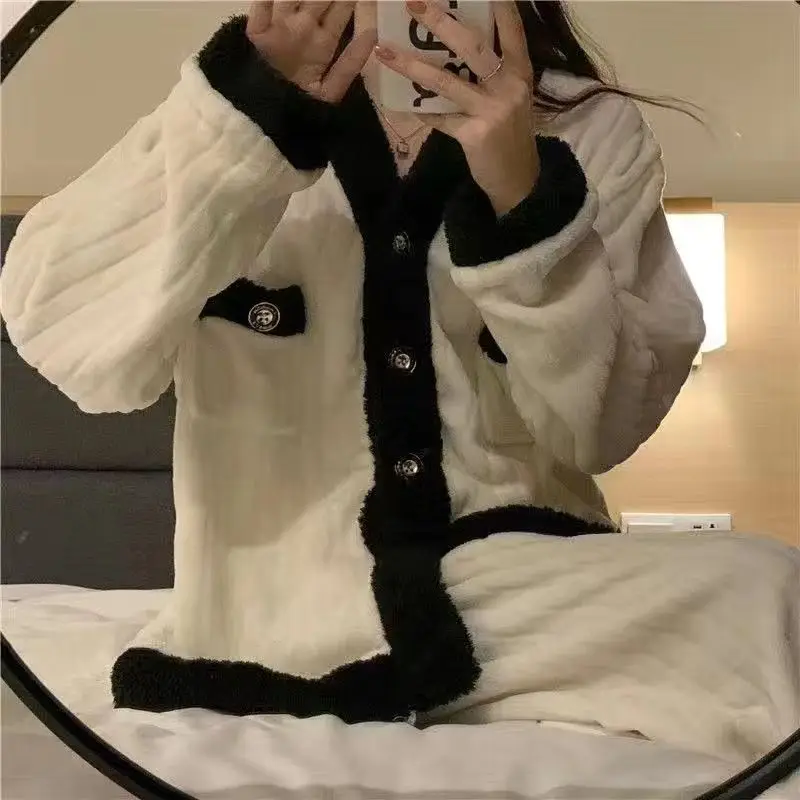 Winter Warm Flannel Women Pyjamas Set Comfortable Simple Cute Button Cardigan Loose Casual  Printing 2 Pieces Home Suit Pajamas