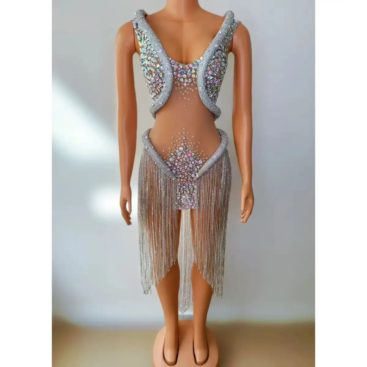 Full Diamond Perspective Mesh Sexy Tassel Skirt Nightclub Bar DJ Stage Female Singer Dance Team Stage Costume Party Theme Show