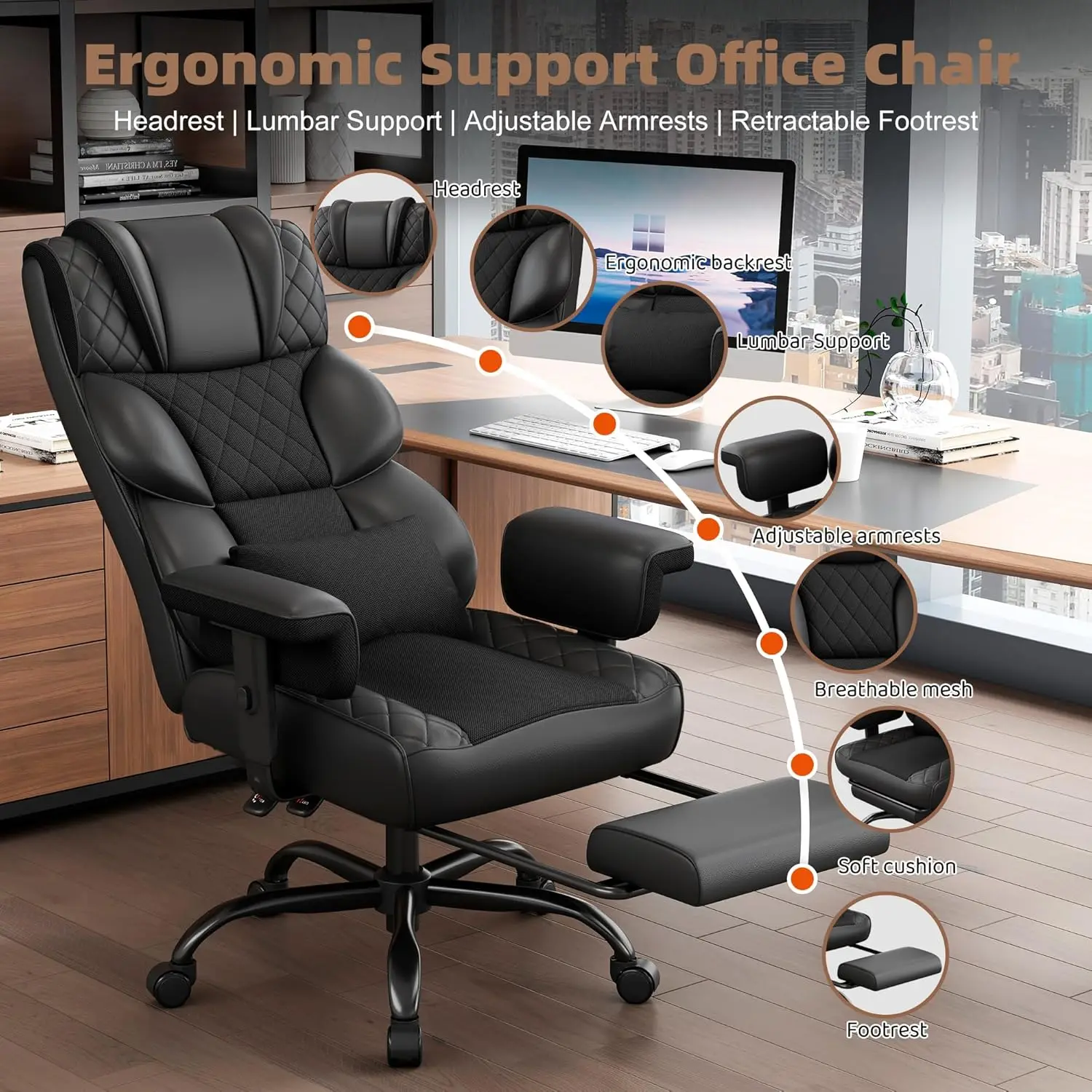 Big and Tall Ergonomic High Back Chair, Soft Adjustable Armrests & Lumbar Support, Multi-use Desk & Gaming Chair, Customized