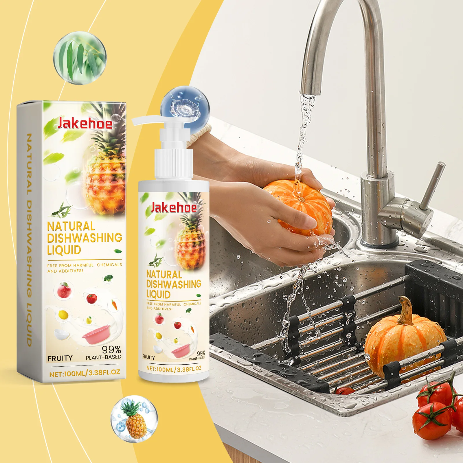 

Natural Pineapple Scent Dishwashing Liquid Fruit Vegetable Cleaner Plant-Based Safe Detergent for Tableware Kitchen Cleaning
