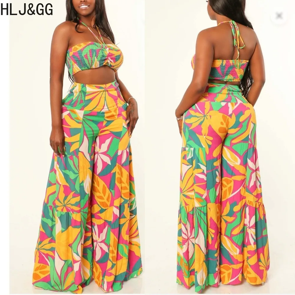 HLJ&GG Retro Pattern Printing Sexy Bandage Hollow Wide Leg Pants Two Piece Sets Women Halter Backless Crop Top And Pants Outfits