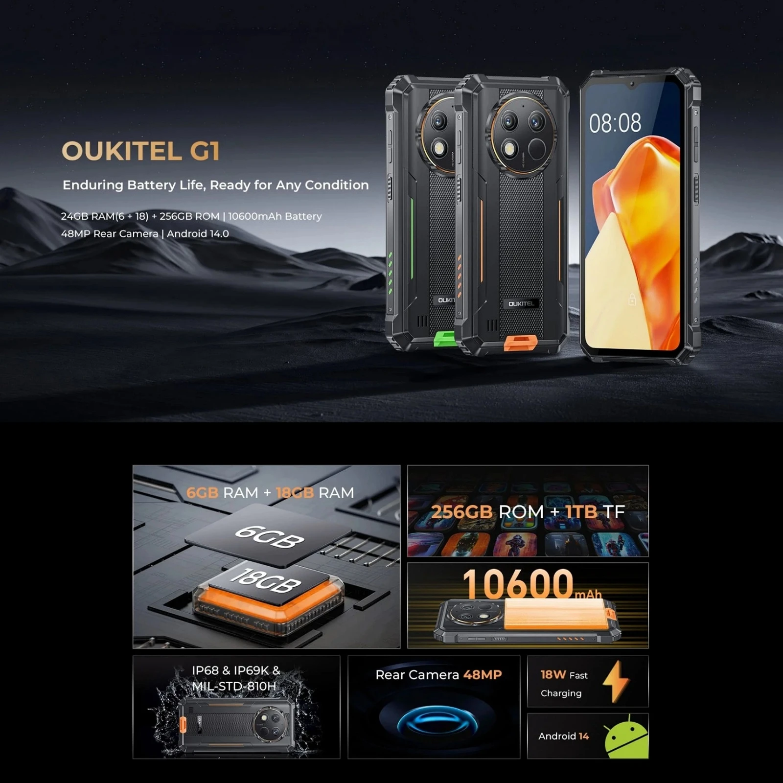 Oukitel G1 Rugged Phone 6GB+256GB 10600mAh 48MP HD+ Camera 6.52'' Unisoc T606 Octa-core IP68/IP69K NFC OTG 4G Smartphone