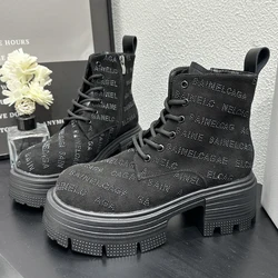 Women Luxury Ankle Boots Print Designs Cool Retro Chunky Square Heel High Quality Platform Boots Lace Up Casual Outdoor Shoes