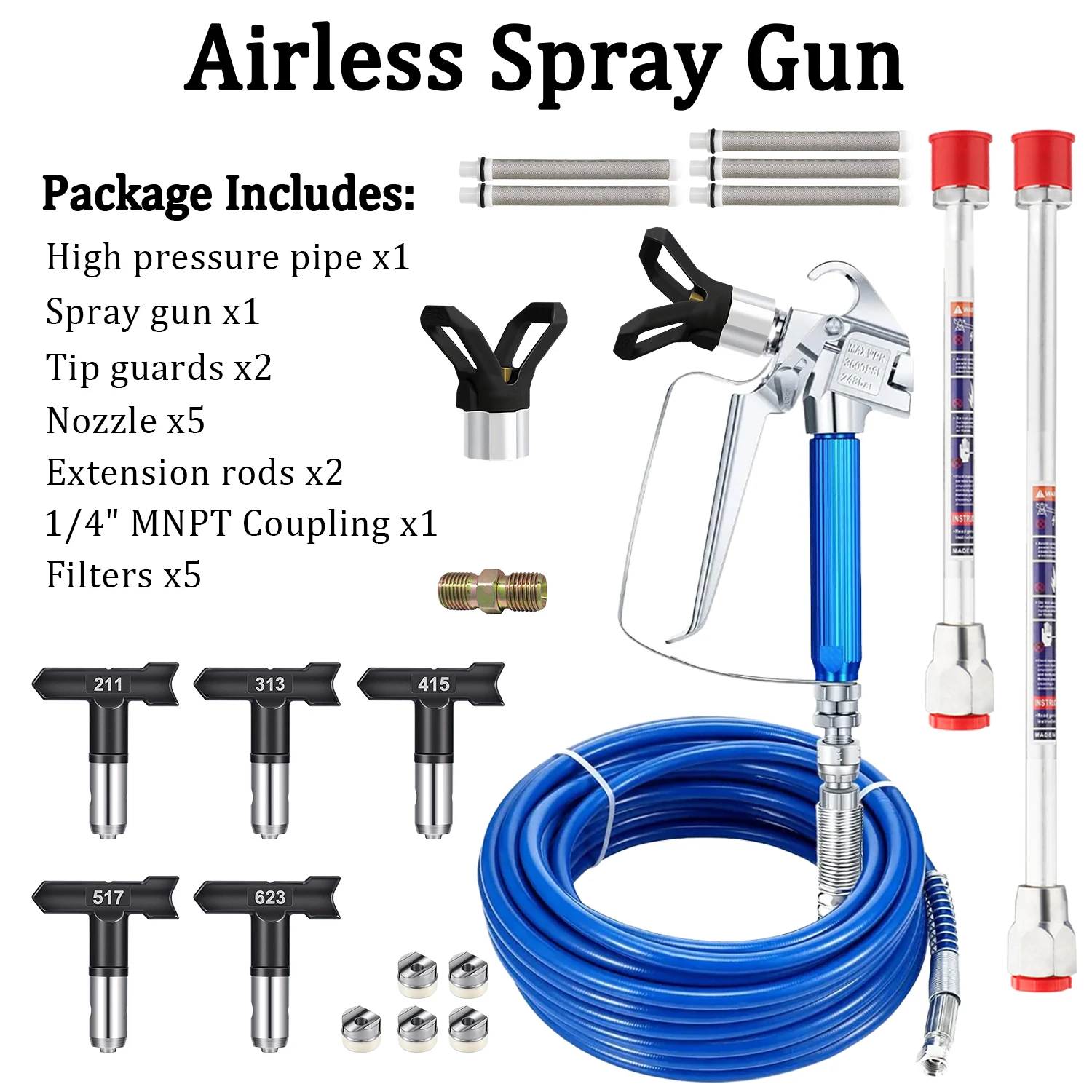 17PCS Airless Paint Sprayer Gun Kit 3600PSI High Pressure Spray Gun with 5 Reversible Tips 211 313 415 517 623 Tip Guard Extension Pole 50FT Hose Filters for Wall Furniture DIY view 7
