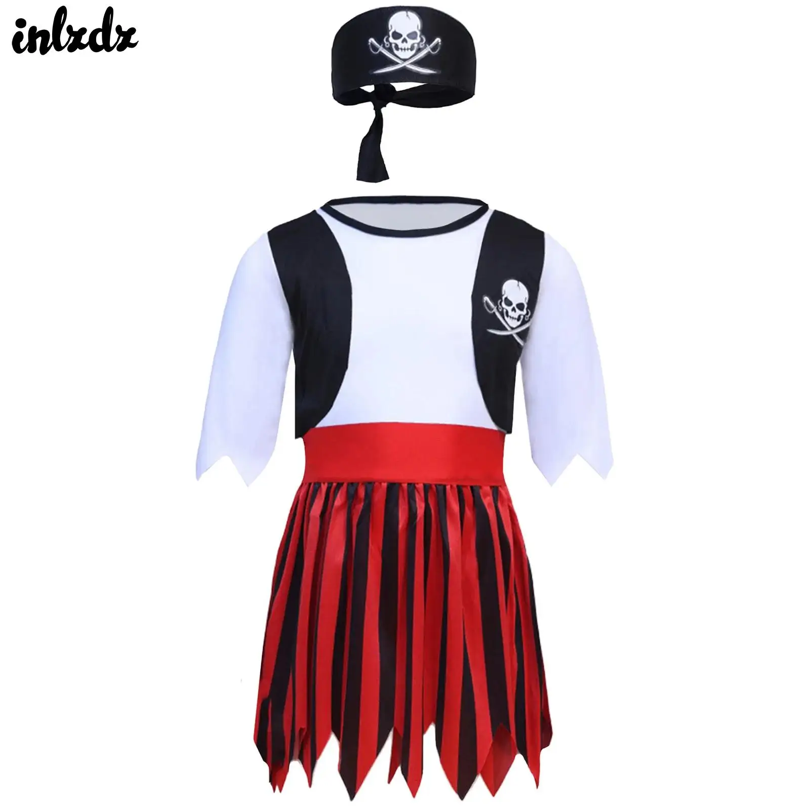 

Girls Pirate Captain Halloween Theme Party Cosplay Costume Ruffled Jagged Hem Dress with Matched Head Wear And Waist Belt