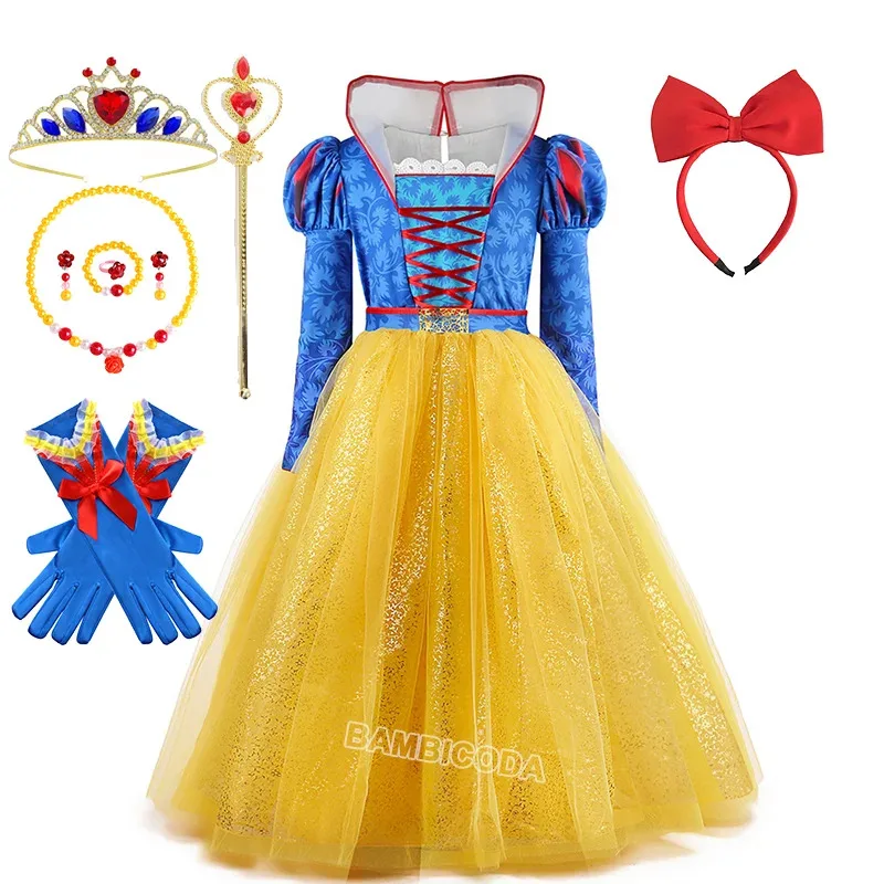 

Костюм принцессы Белоснежки для девочек, нарядное платье, карнавальный костюм на Хэллоуин, детская одежда на день рождения, платье на Хэллоуин