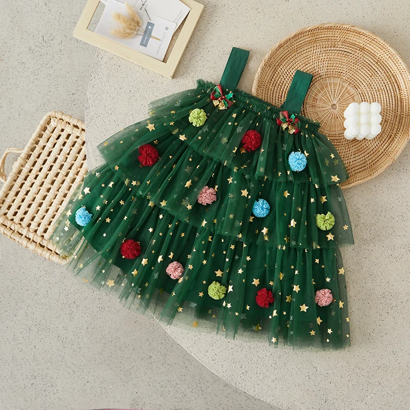 Suefunskry Little Girl Christmas Dress Star Print Square Neck Sleeveless Layered Tulle Slip Dress with Plush Ball Christmas Hat