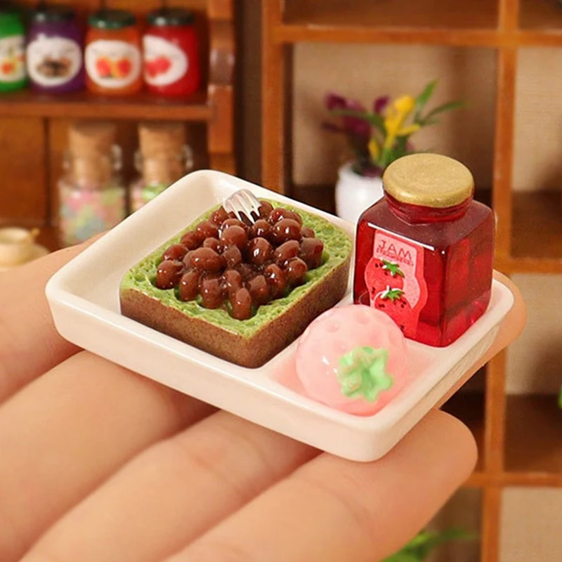 4Pcs 1:12 Dollhouse Miniature Bread Fruit Plate Jam Set Mini Food Tray Tableware Banana Apple Pineapple Model Kitchen Decor Toys