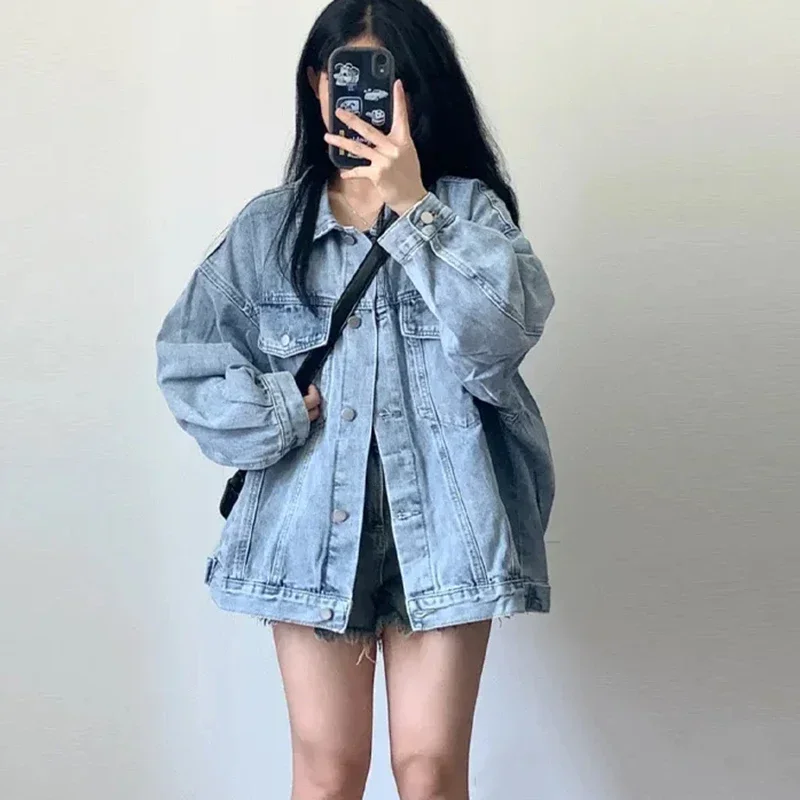 Korean Style Denim Jacket Women 2025 spring New Long Sleeve Blue Coats Woman Retro Turn Down Collar Loose Jean Jacket Female