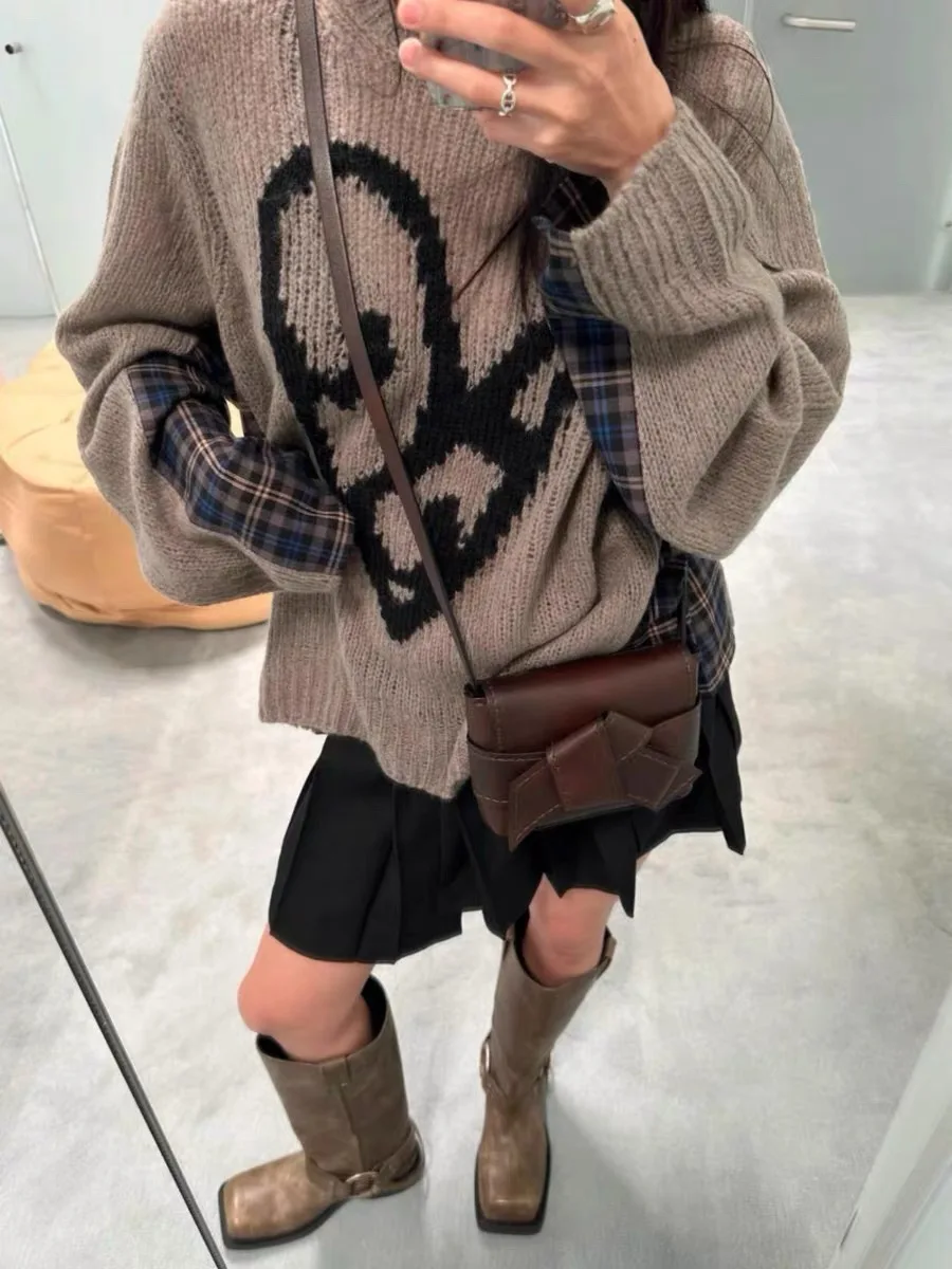 Laid-back Style Women's Loose Knitted Sweater Autumn Winter Plaid Splicing Warm Long Sleeve round Neck Comfortable Casual Top