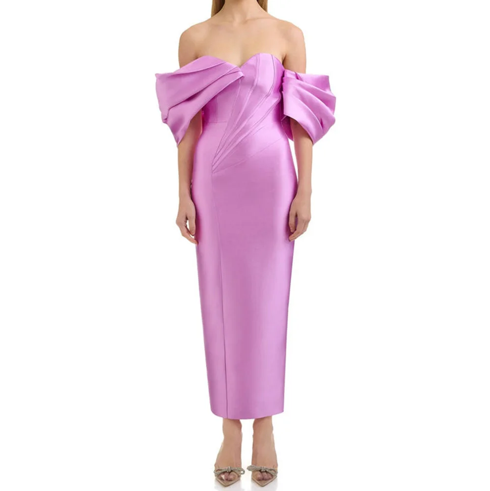 Strapless Off the Shoulder Sleeveless Satin Ankle Length Straight Evening Dress Back Slit Zipper Back Temperament Solid Color