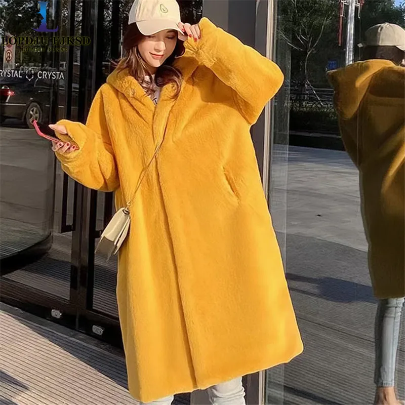 Winter Women's High-Quality Faux Rabbit Fur Coat Luxury Long Loose Lapel Thick Warm Plush Overcoat Female Fashion Outerwear