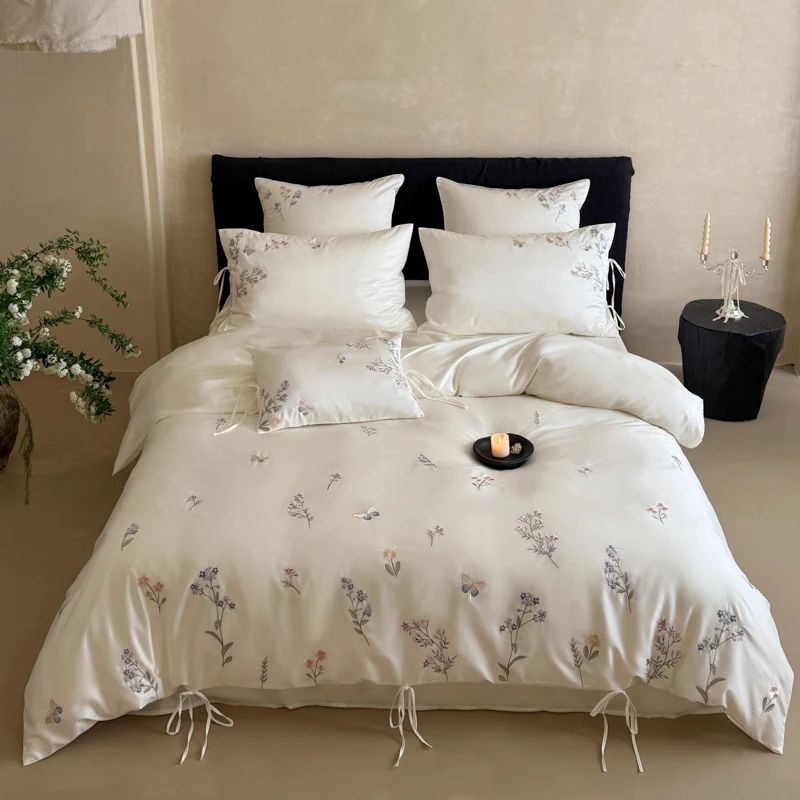600TC Egyptian Cotton Fresh Cottagecore Wildflower Butterfly Embroidery Bedding Set Duvet Cover Bed Sheet Pillowcases 4Pcs