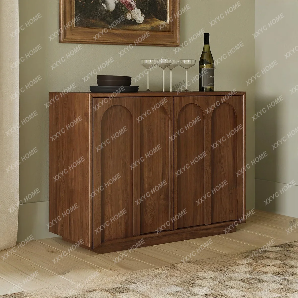 Solid wood braided rattan dining side cabinet retro small apartment entrance, wall storage, tea cabinet